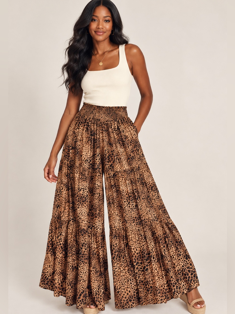 Aerie Leopard Print Palazzo Pants M Wide Leg Tiered Smocked Waist Viscose